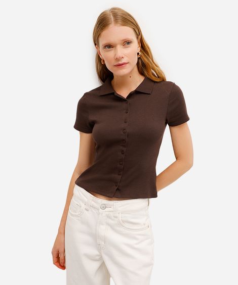 polo feminina básica canelada marrom