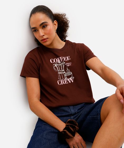 camiseta feminina de algodão coffee crew marrom