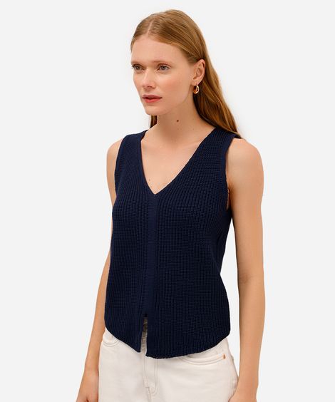 colete de tricot decote v azul