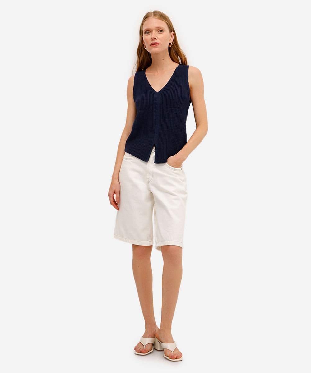 colete de tricot decote v azul