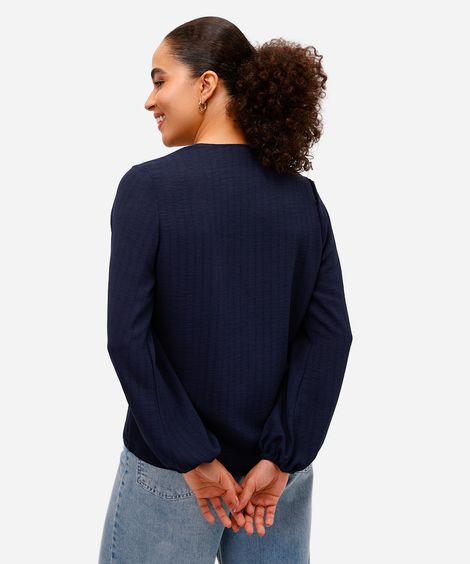 bata feminina manga bufante com babado texturizada azul