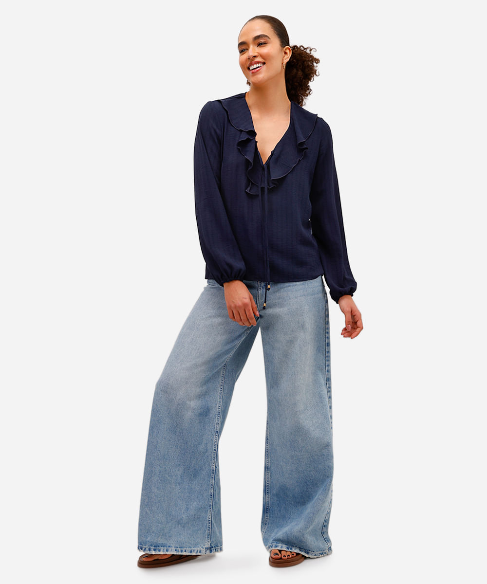 bata feminina manga bufante com babado texturizada azul
