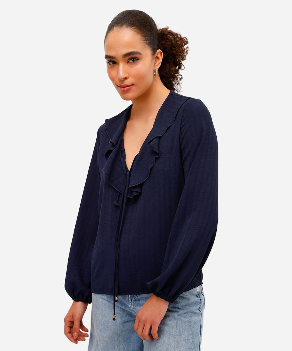 bata feminina manga bufante com babado texturizada azul