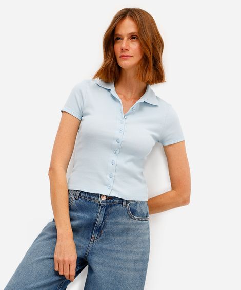polo feminina básica canelada azul