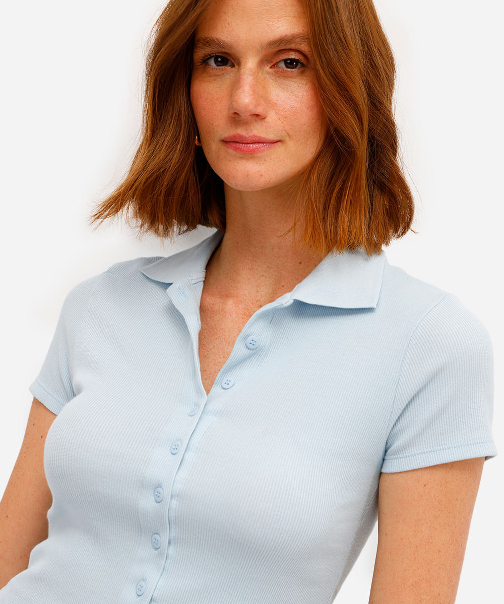 polo feminina básica canelada azul