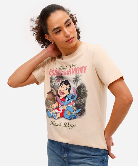 camiseta feminina de algodão stitch bege