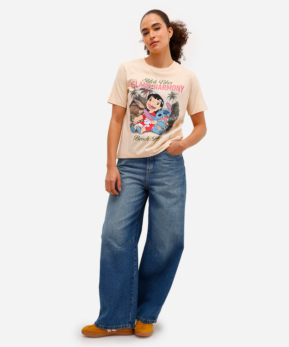camiseta feminina de algodão stitch bege