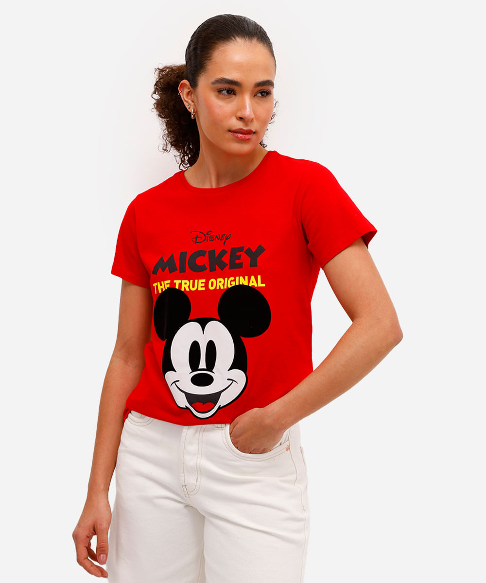 camiseta feminina de algodão mickey texturizada vermelha