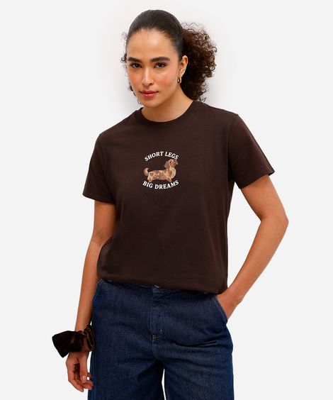 camiseta feminina de algodão estampada marrom