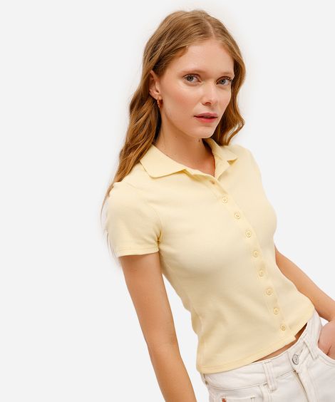 polo feminina básica canelada amarela
