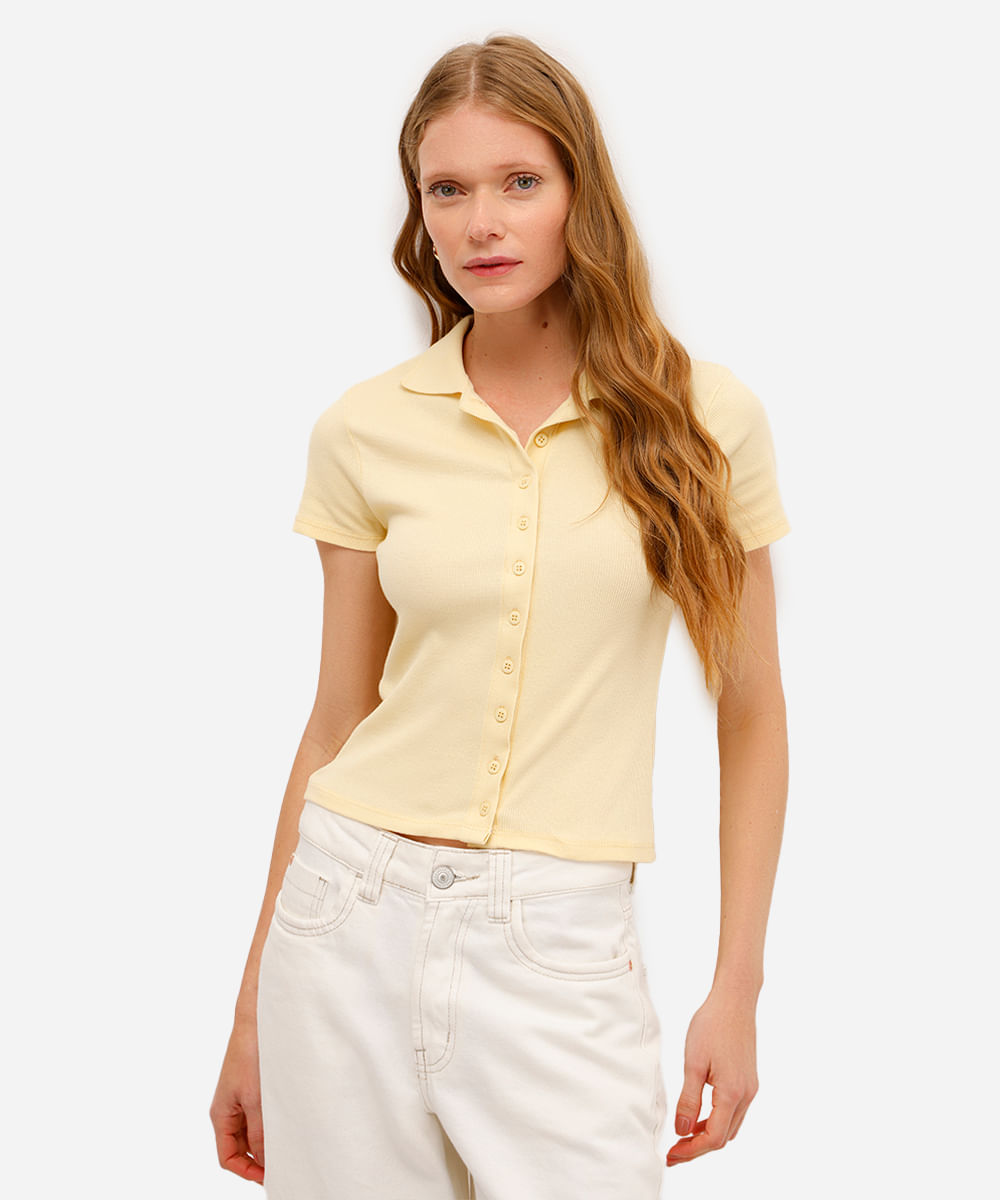 polo feminina básica canelada amarela