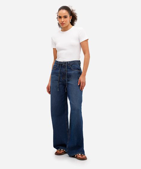 calça wide leg feminina cintura média azul