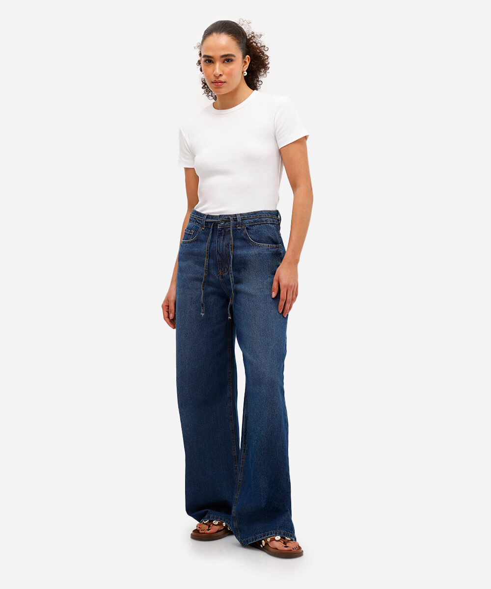 calça wide leg feminina cintura média azul