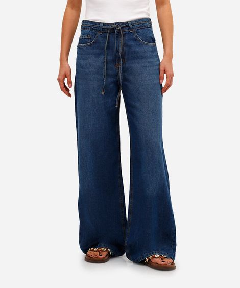 calça wide leg feminina cintura média azul