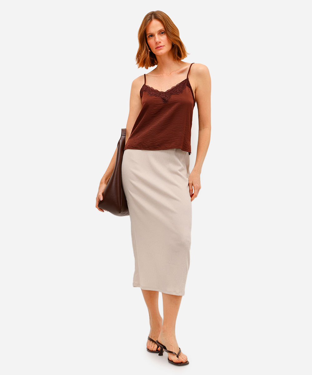 saia midi feminina texturizada bege
