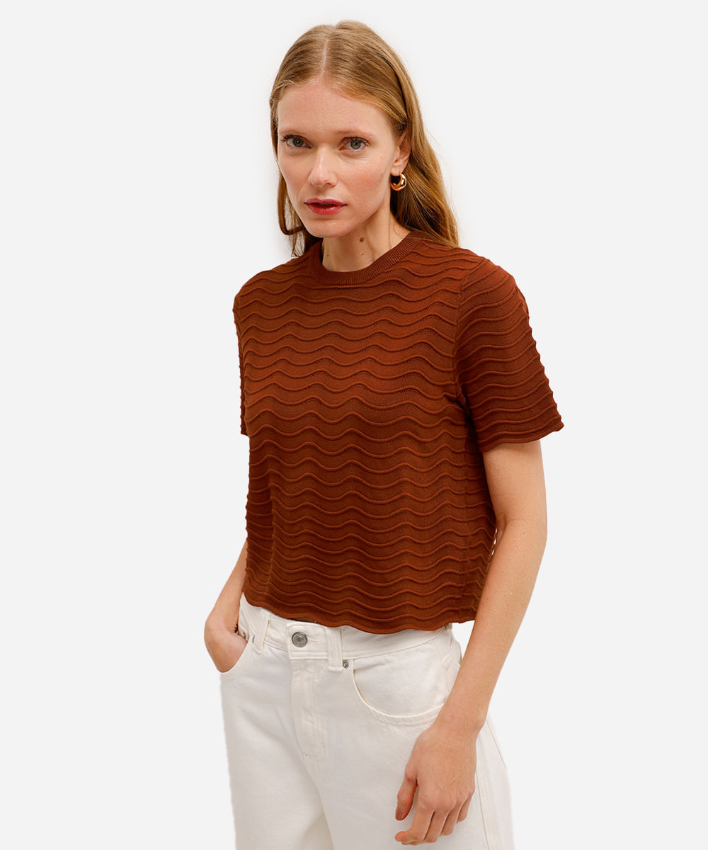 blusa feminina de tricot texturizada marrom