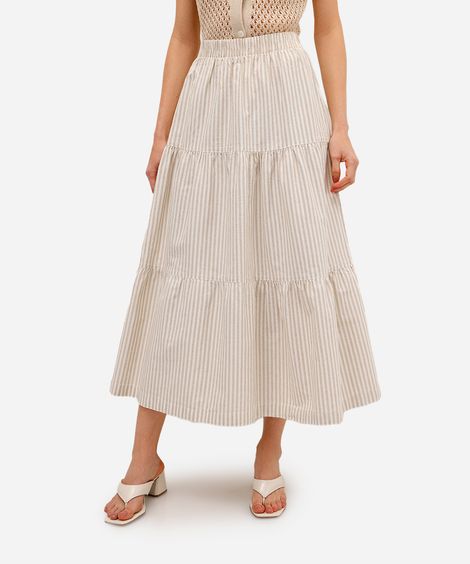 saia midi feminina de sarja com recortes listrada bege