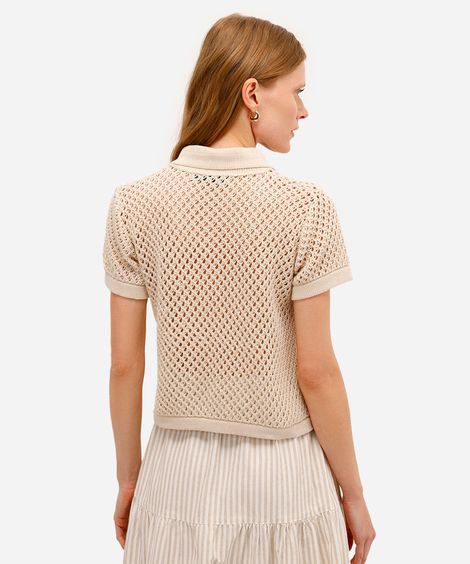 polo feminina de tricot manga curta bege