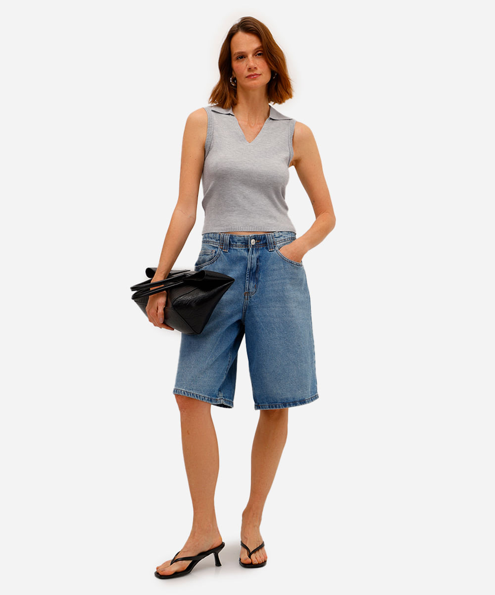 polo feminina de tricot sem manga cinza