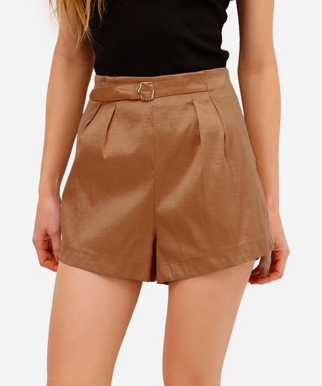 short feminino de alfaiataria em tafetá marrom