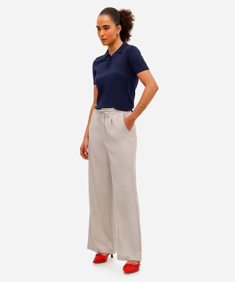 calça wide leg feminina de alfaiataria com amarração bege