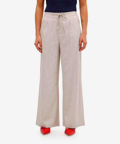 calça wide leg feminina de alfaiataria com amarração bege