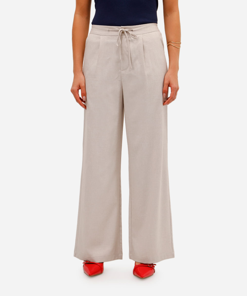 calça wide leg feminina de alfaiataria com amarração bege