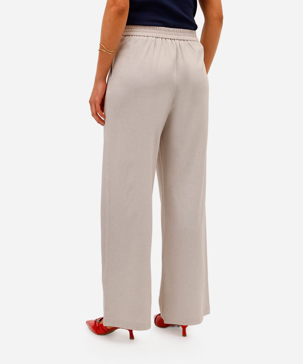 calça wide leg feminina de alfaiataria com amarração bege
