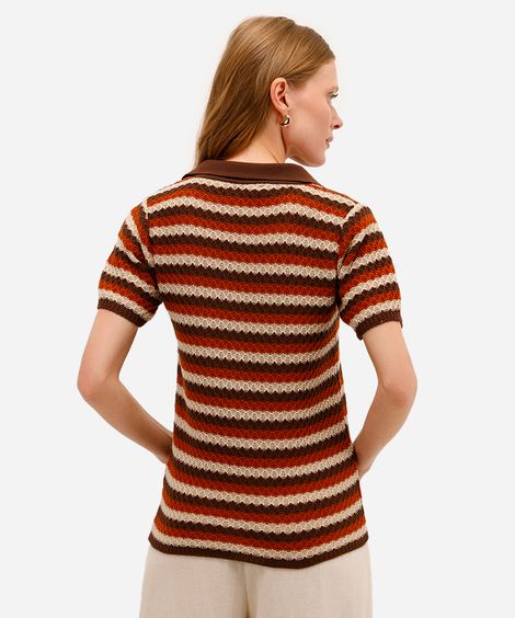 polo feminina de tricot texturizada listrada marrom