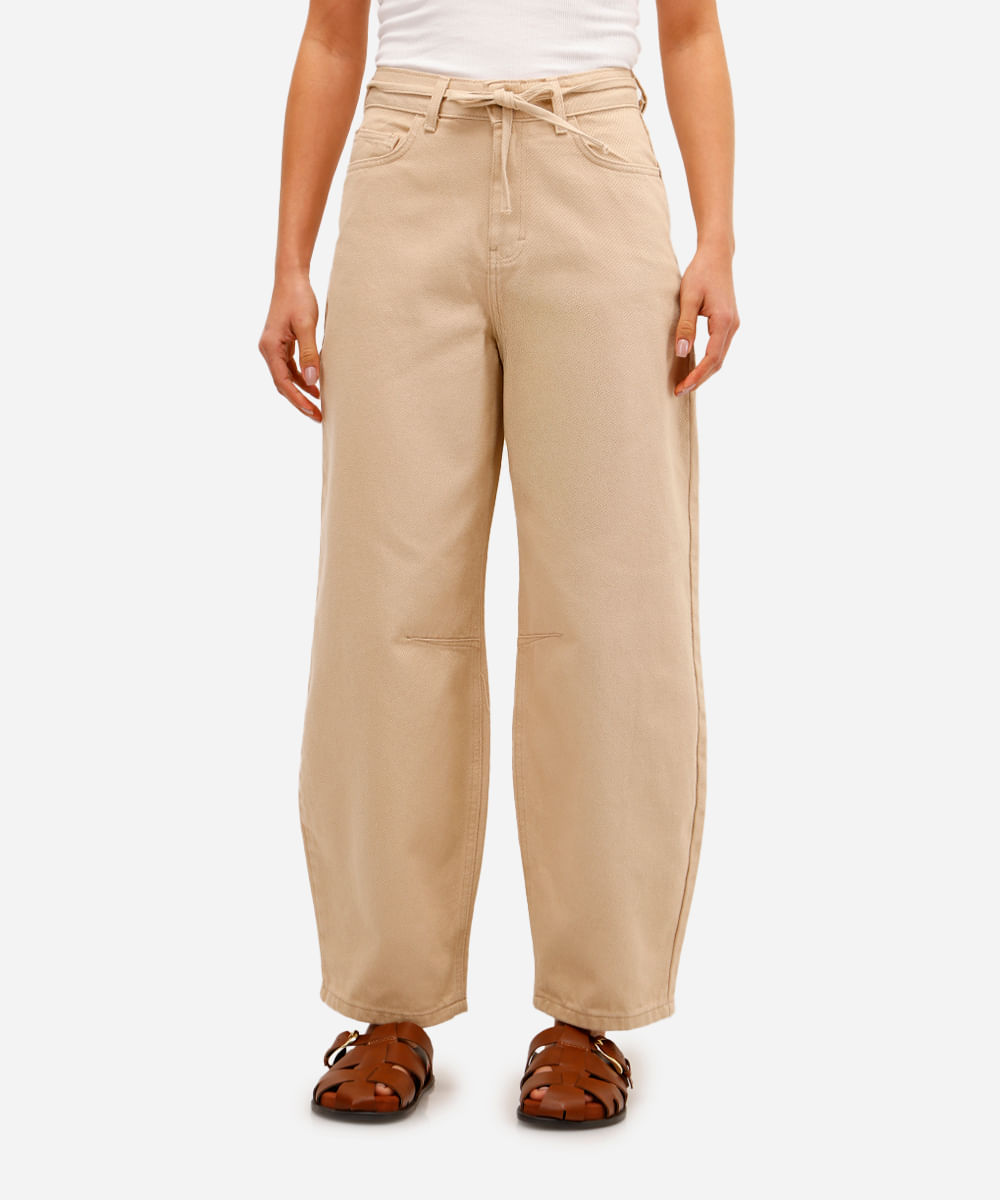 calça baggy balloon feminina sarja com cordão bege