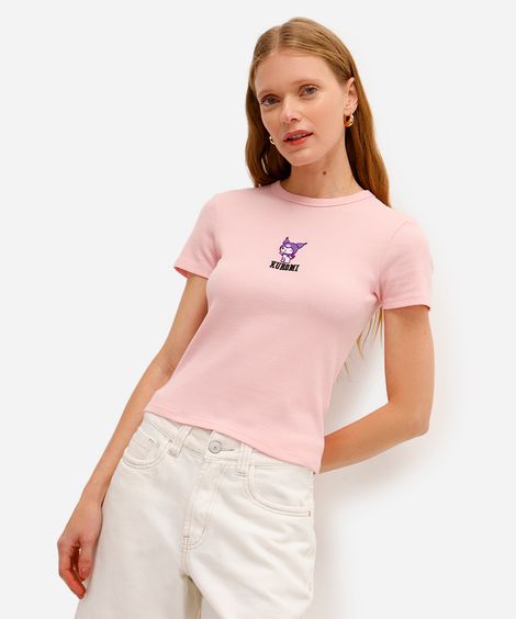 camiseta baby look feminina manga curta kuromi rosa