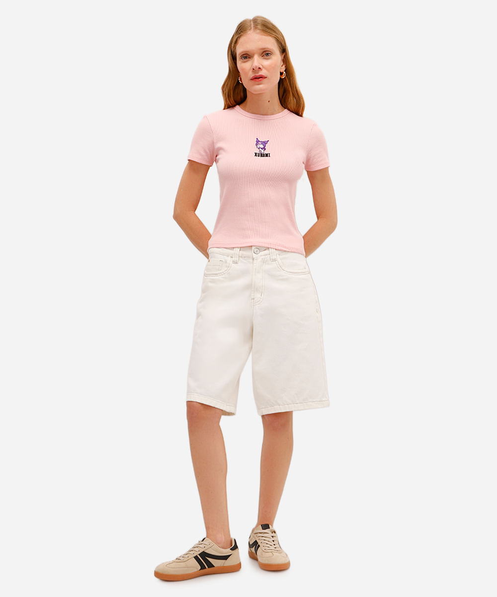 camiseta baby look feminina manga curta kuromi rosa