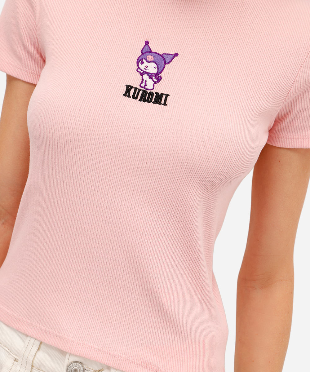 camiseta baby look feminina manga curta kuromi rosa