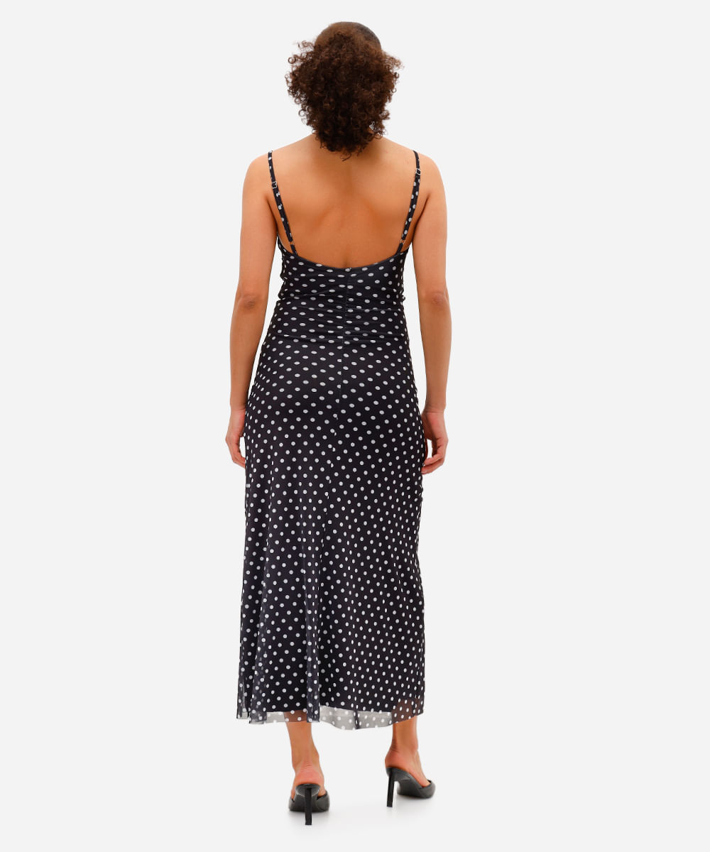 vestido longo feminino de tule franzido poá preto