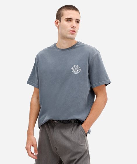 camiseta masculina de algodão estonada e estampada azul