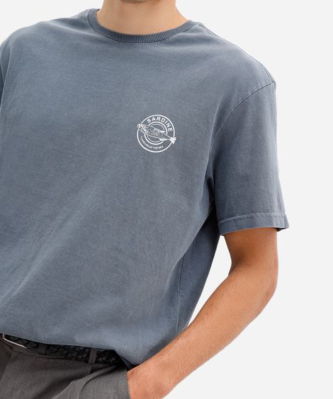 camiseta masculina de algodão estonada e estampada azul