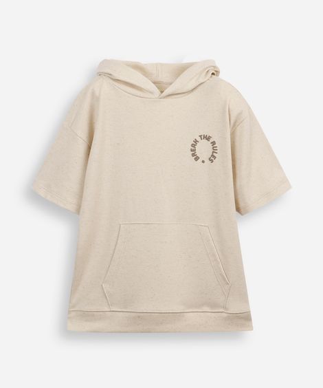 camiseta infantil manga curta com capuz e bolso bege