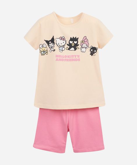 conjunto curto infantil de algodão hello kitty e amigos bege