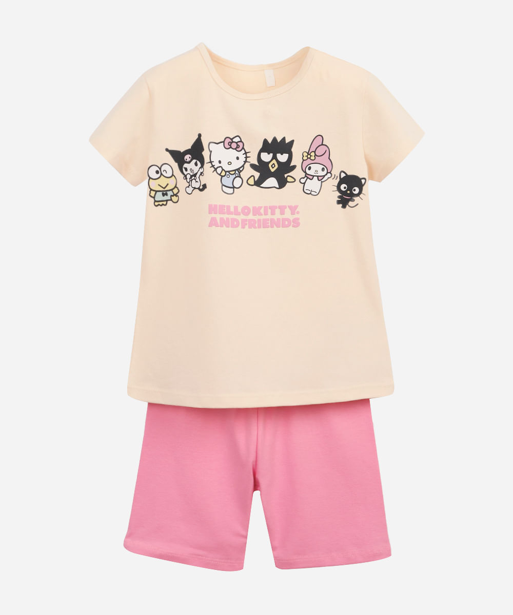 conjunto curto infantil de algodão hello kitty e amigos bege