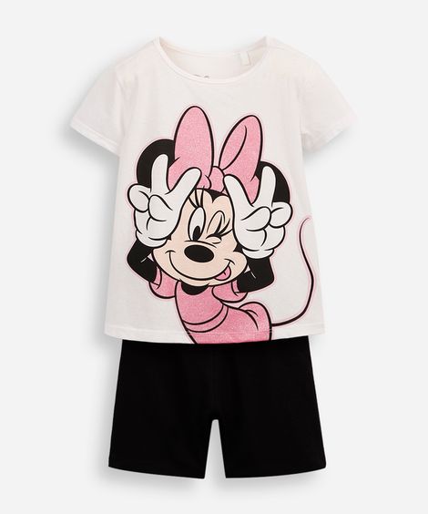 conjunto curto infantil de algodão minnie off white