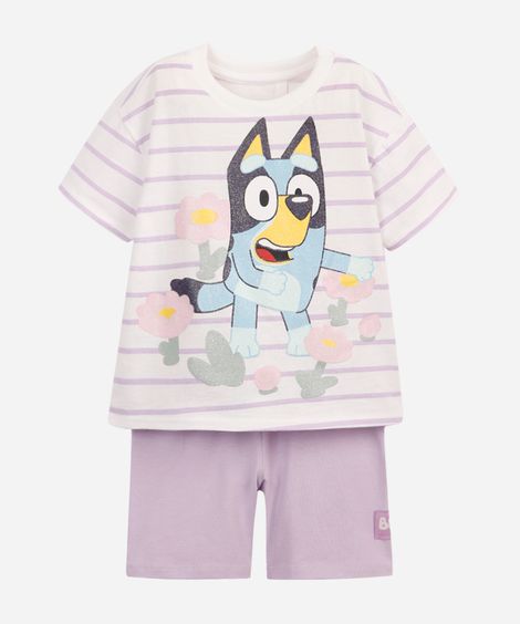 conjunto curto infantil de algodão bluey listrado lilás