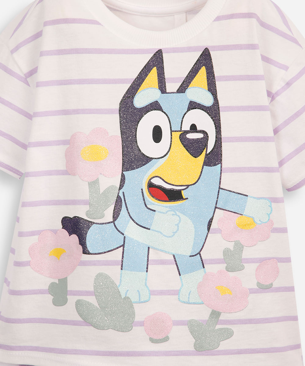 conjunto curto infantil de algodão bluey listrado lilás