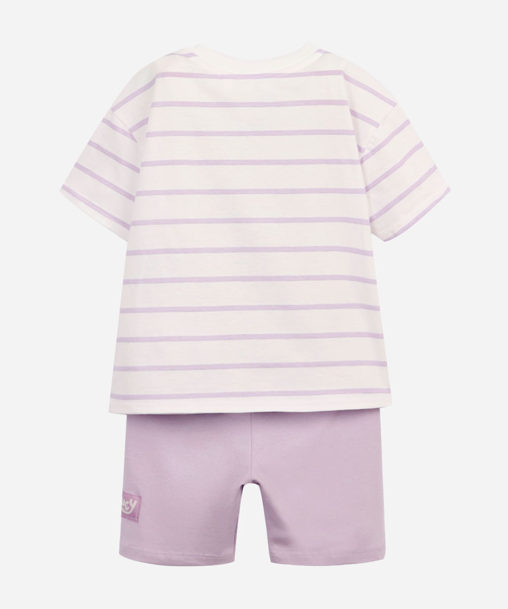 conjunto curto infantil de algodão bluey listrado lilás