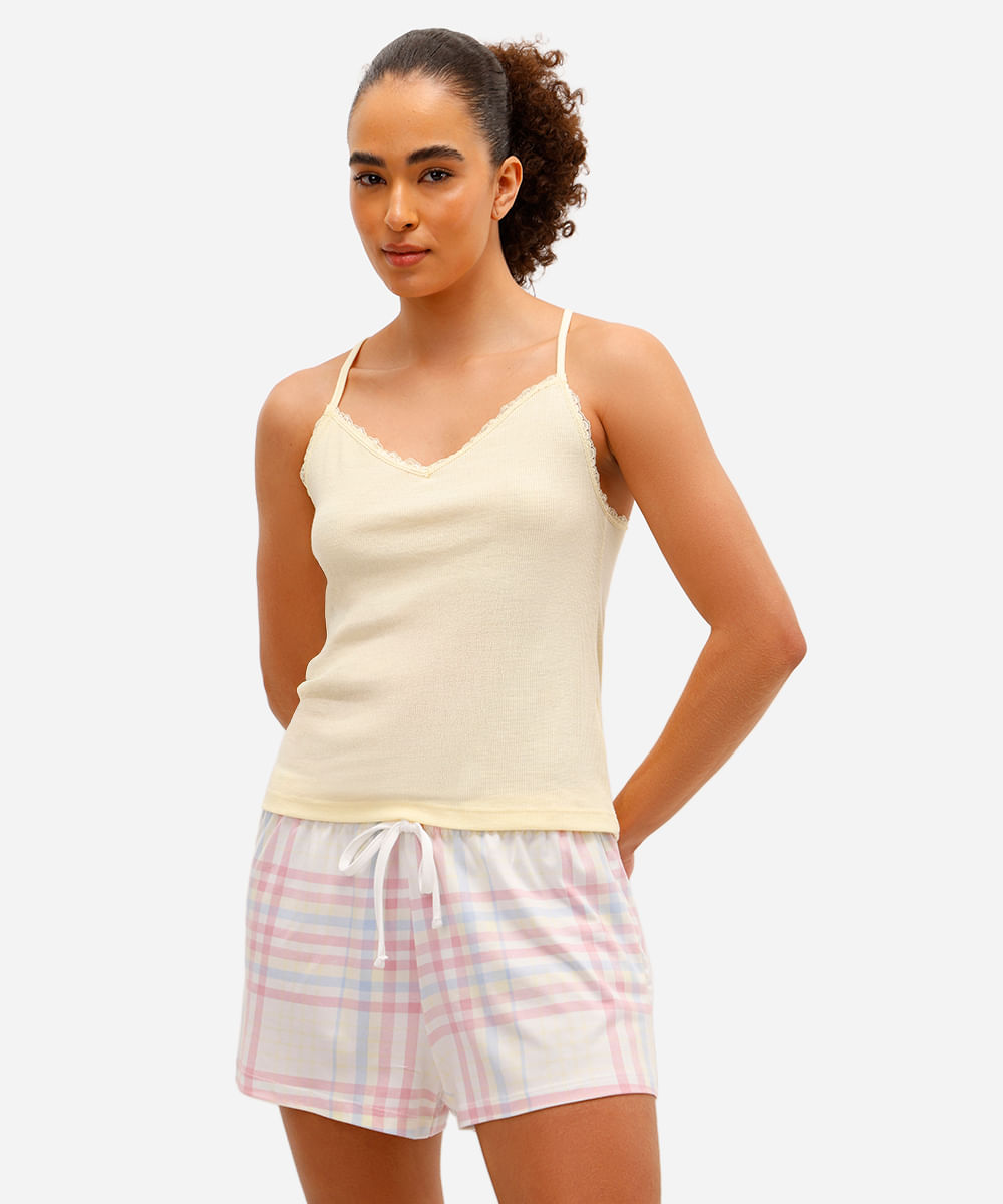 short pijama feminino avulso xadrez rosa
