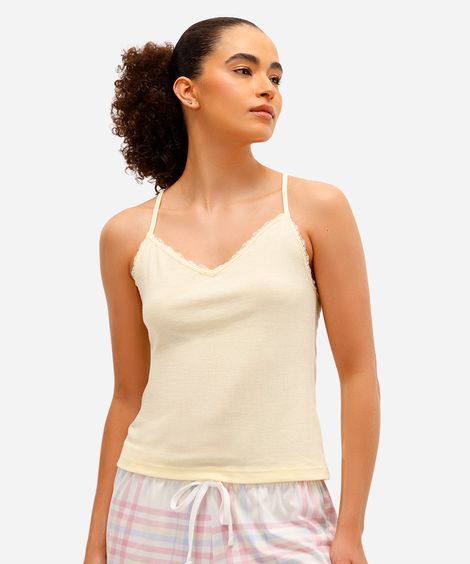 blusa alcinha em ribana lisa com detalhe em renda amarela