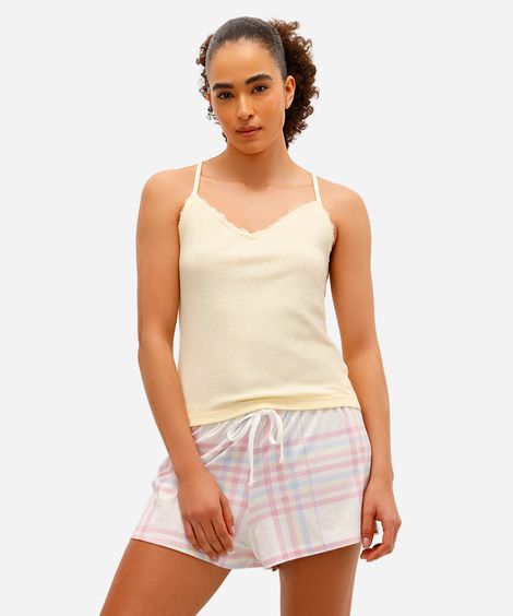 blusa alcinha em ribana lisa com detalhe em renda amarela