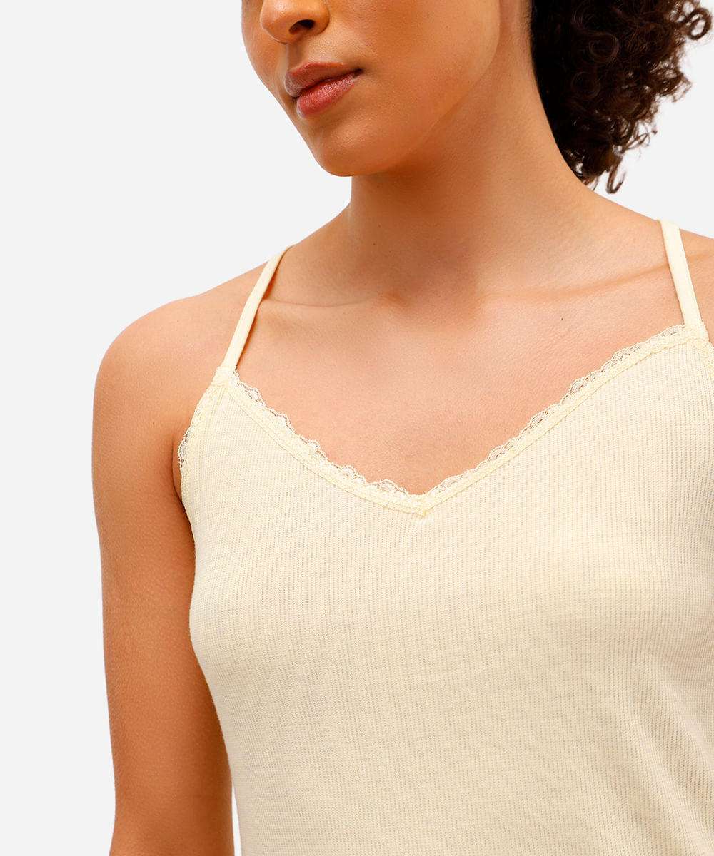 blusa alcinha em ribana lisa com detalhe em renda amarela