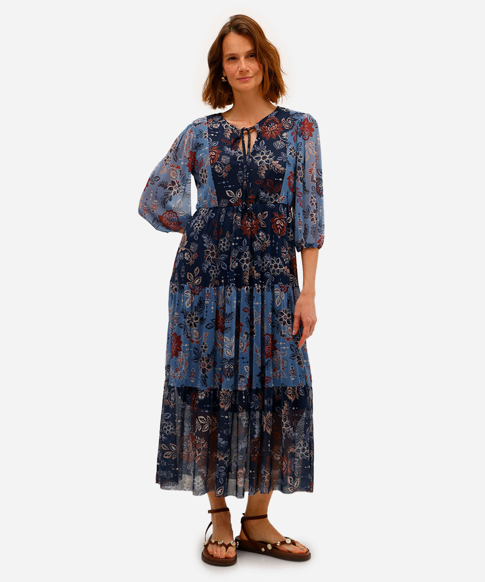 vestido midi feminino de tule com recortes floral azul