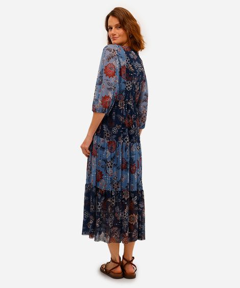 vestido midi feminino de tule com recortes floral azul