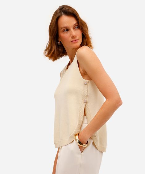regata feminina de tricot com botões laterais off white